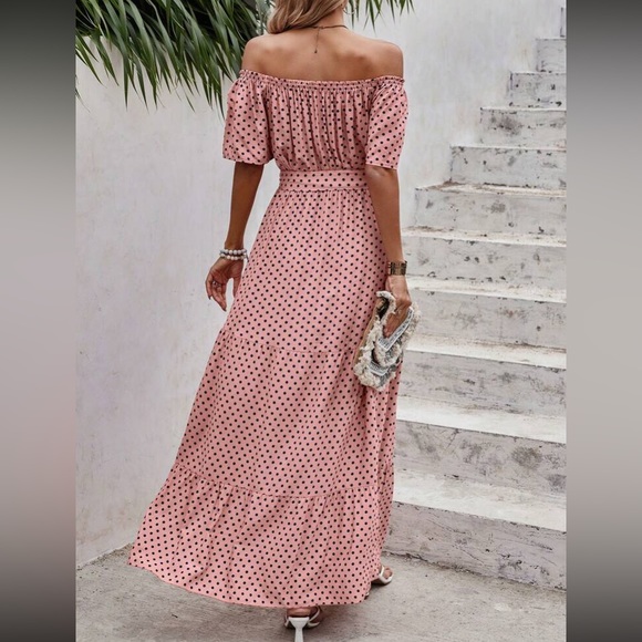 Boho polka dot off shoulder belted maxi dress - Picture 8 of 16